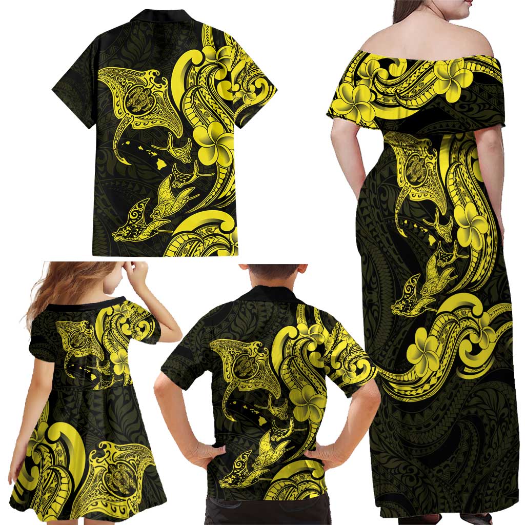 Hawaiian Manta Rays Family Matching Off Shoulder Maxi Dress and Hawaiian Shirt Tribal Hibiscus Polynesian Tattoos Yellow Color - Polynesian Pride