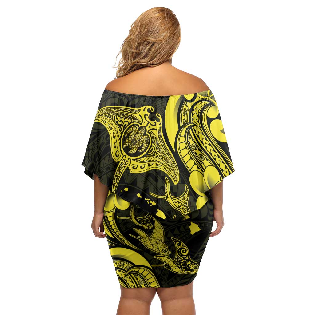 Hawaiian Manta Rays Family Matching Off Shoulder Short Dress and Hawaiian Shirt Tribal Hibiscus Polynesian Tattoos Yellow Color - Polynesian Pride