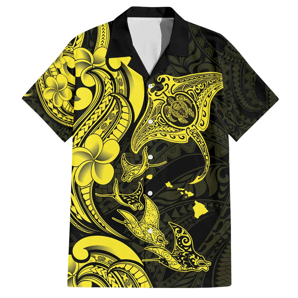 Hawaiian Manta Rays Family Matching Short Sleeve Bodycon Dress and Hawaiian Shirt Tribal Hibiscus Polynesian Tattoos Yellow Color - Polynesian Pride