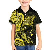 Hawaiian Manta Rays Family Matching Short Sleeve Bodycon Dress and Hawaiian Shirt Tribal Hibiscus Polynesian Tattoos Yellow Color - Polynesian Pride