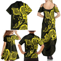Hawaiian Manta Rays Family Matching Summer Maxi Dress and Hawaiian Shirt Tribal Hibiscus Polynesian Tattoos Yellow Color - Polynesian Pride