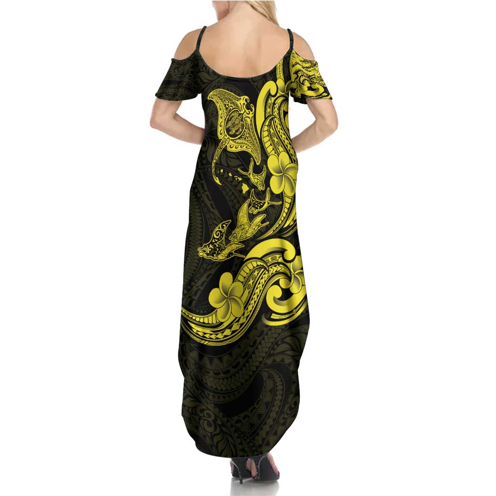 Hawaiian Manta Rays Family Matching Summer Maxi Dress and Hawaiian Shirt Tribal Hibiscus Polynesian Tattoos Yellow Color - Polynesian Pride