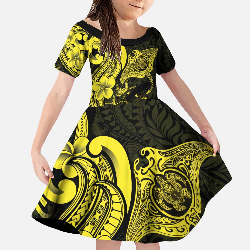 Hawaiian Manta Rays Family Matching Tank Maxi Dress and Hawaiian Shirt Tribal Hibiscus Polynesian Tattoos Yellow Color - Polynesian Pride