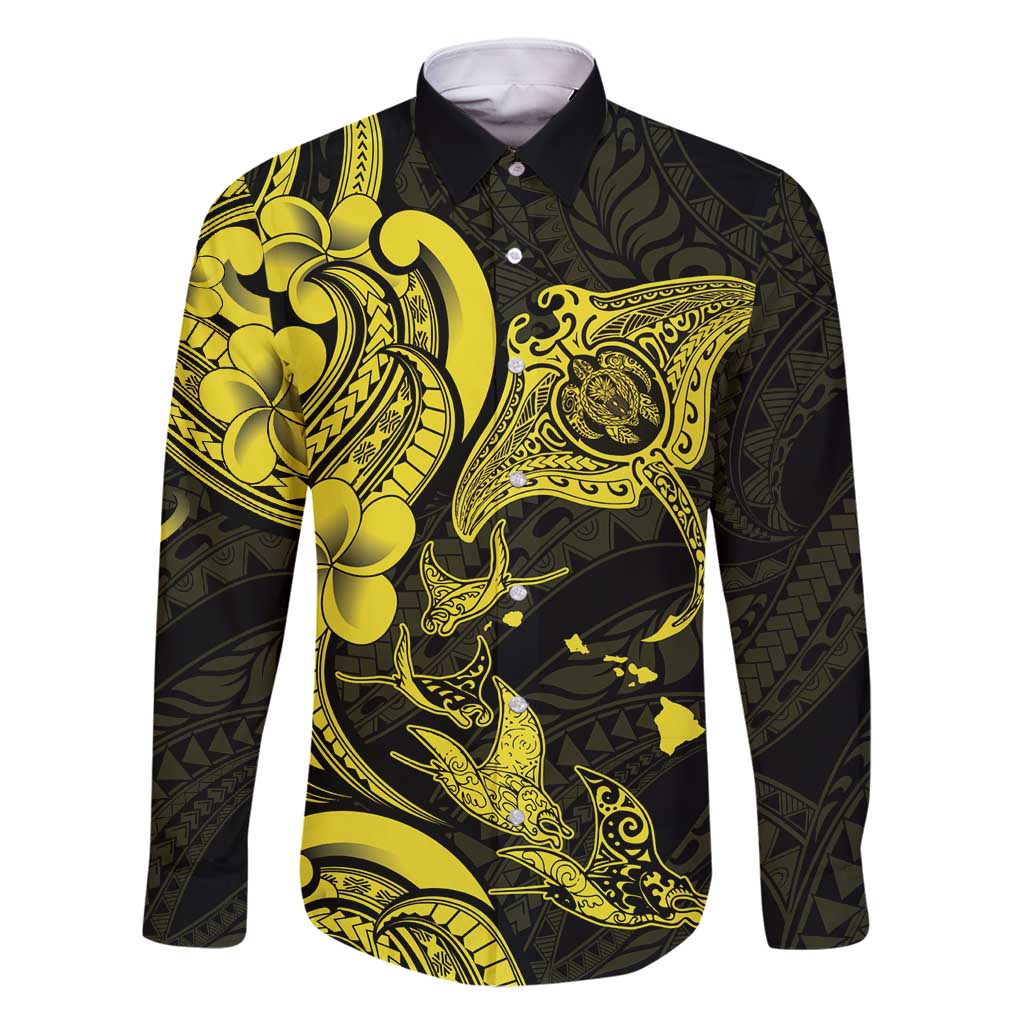 Hawaiian Manta Rays Family Matching Tank Maxi Dress and Hawaiian Shirt Tribal Hibiscus Polynesian Tattoos Yellow Color - Polynesian Pride