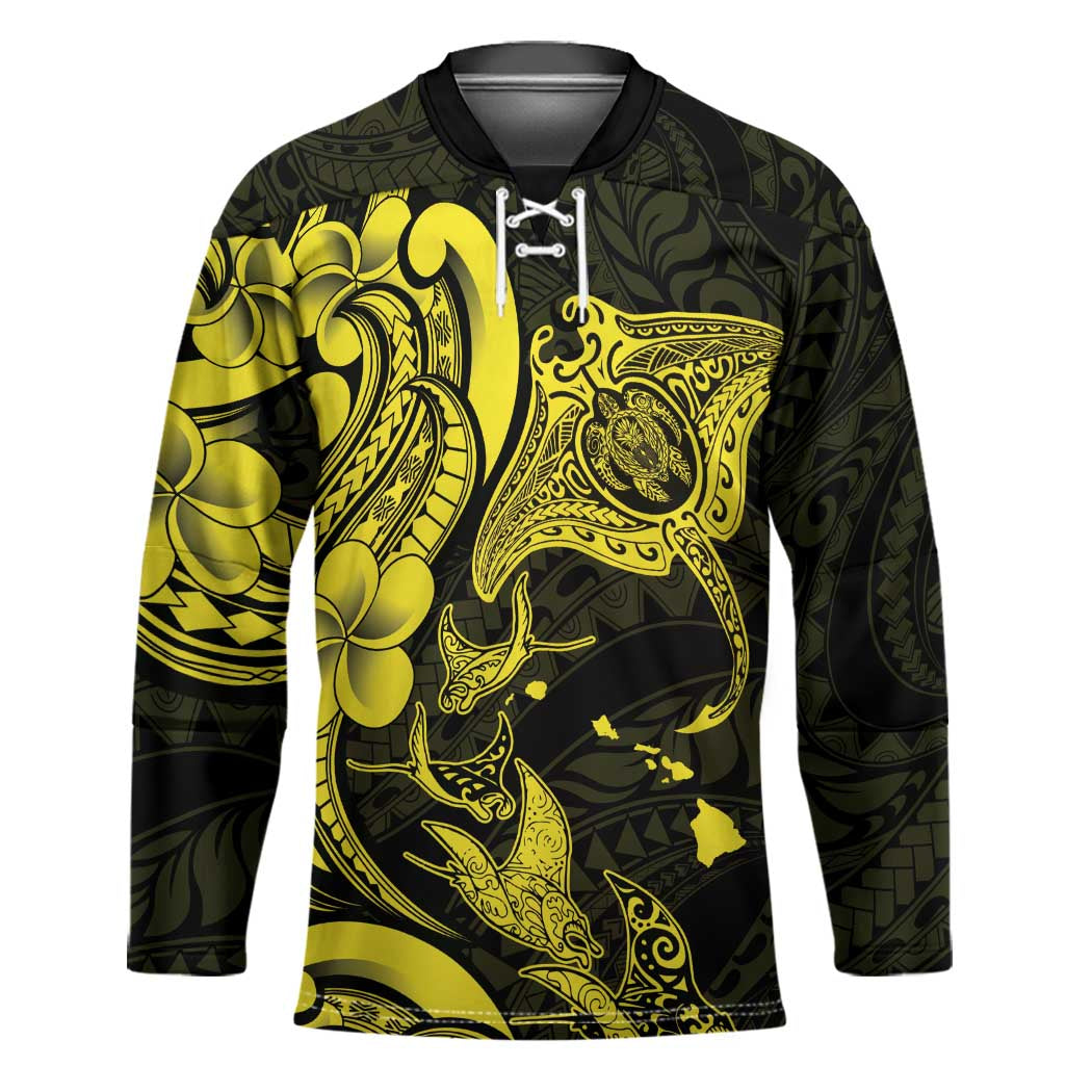 Hawaiian Manta Rays Hockey Jersey Tribal Hibiscus Polynesian Tattoos Yellow Color - Polynesian Pride