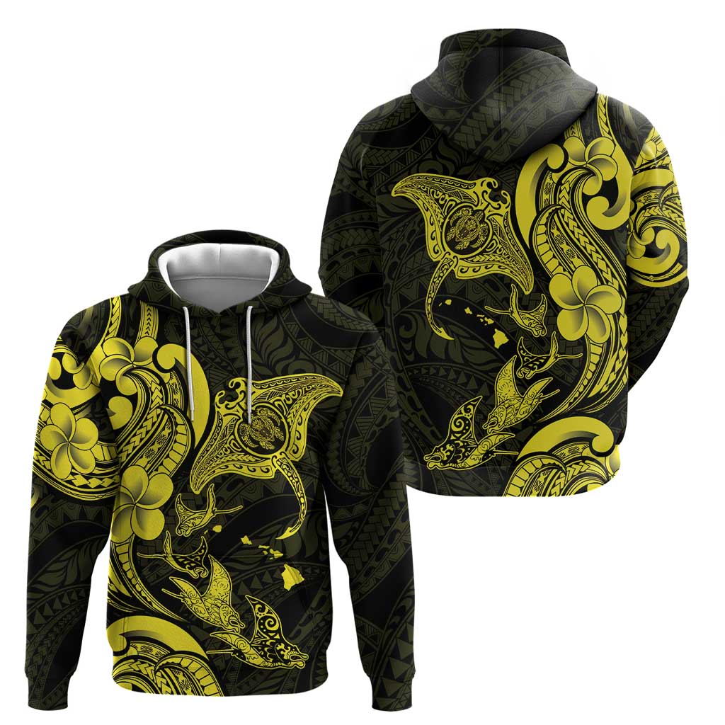 Hawaiian Manta Rays Hoodie Tribal Hibiscus Polynesian Tattoos Yellow Color - Polynesian Pride