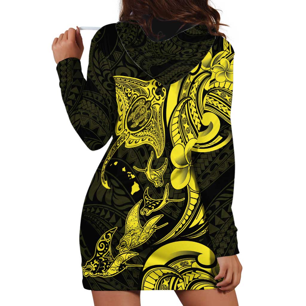 Hawaiian Manta Rays Hoodie Dress Tribal Hibiscus Polynesian Tattoos Yellow Color - Polynesian Pride