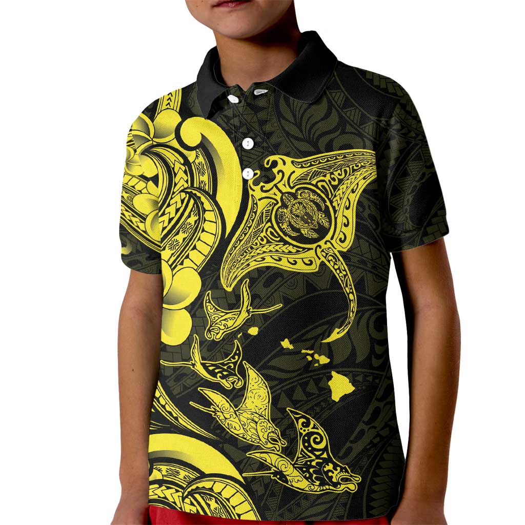 Hawaiian Manta Rays Kid Polo Shirt Tribal Hibiscus Polynesian Tattoos Yellow Color - Polynesian Pride