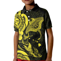 Hawaiian Manta Rays Kid Polo Shirt Tribal Hibiscus Polynesian Tattoos Yellow Color - Polynesian Pride