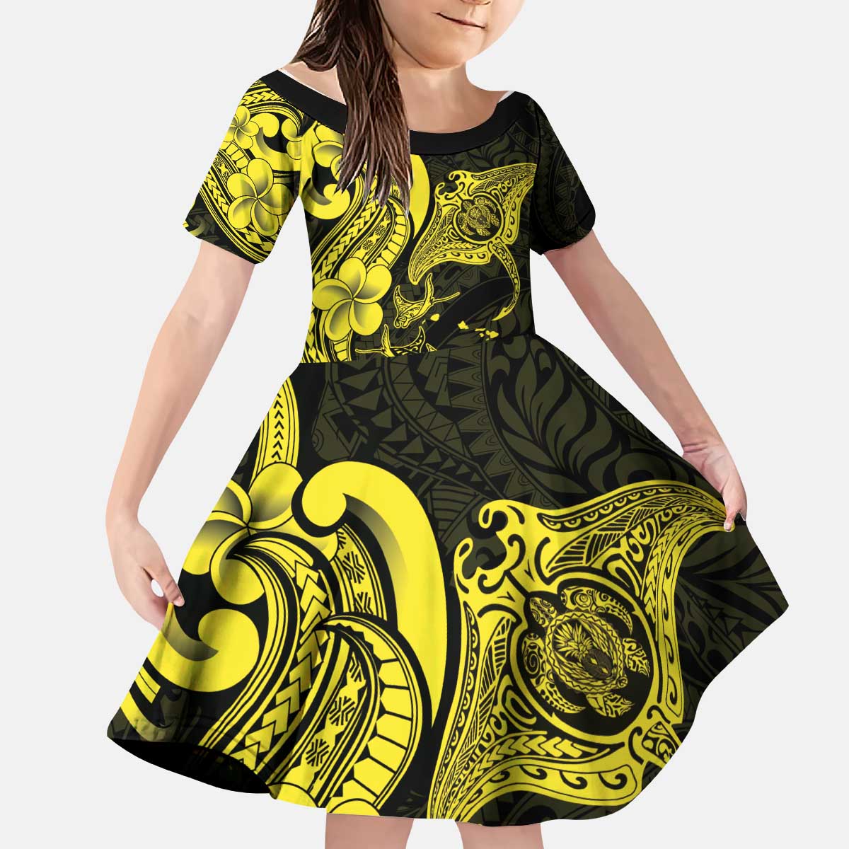 Hawaiian Manta Rays Kid Short Sleeve Dress Tribal Hibiscus Polynesian Tattoos Yellow Color - Polynesian Pride