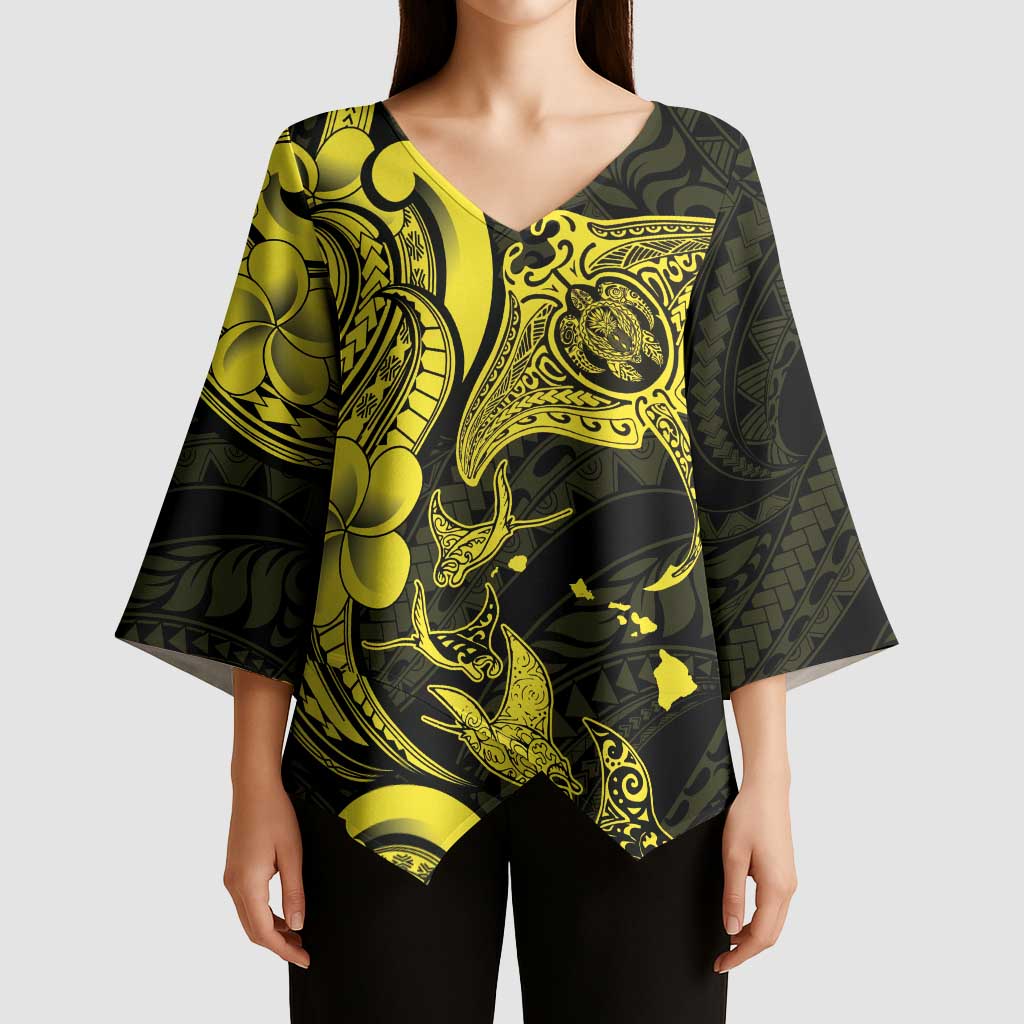 Hawaiian Manta Rays Kimono Sleeve Blouse Tribal Hibiscus Polynesian Tattoos Yellow Color - Polynesian Pride