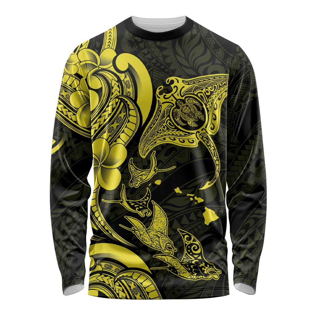 Hawaiian Manta Rays Long Sleeve Shirt Tribal Hibiscus Polynesian Tattoos Yellow Color - Polynesian Pride