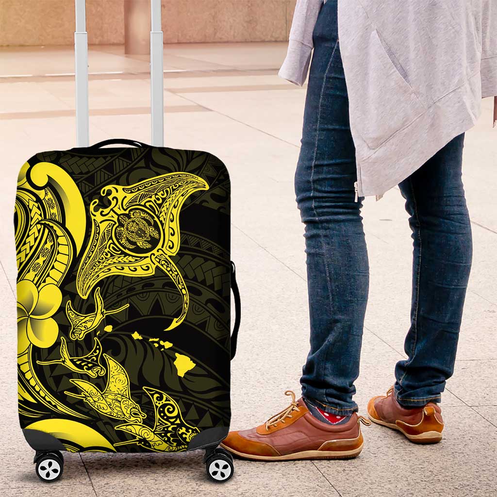 Hawaiian Manta Rays Luggage Cover Tribal Hibiscus Polynesian Tattoos Yellow Color - Polynesian Pride