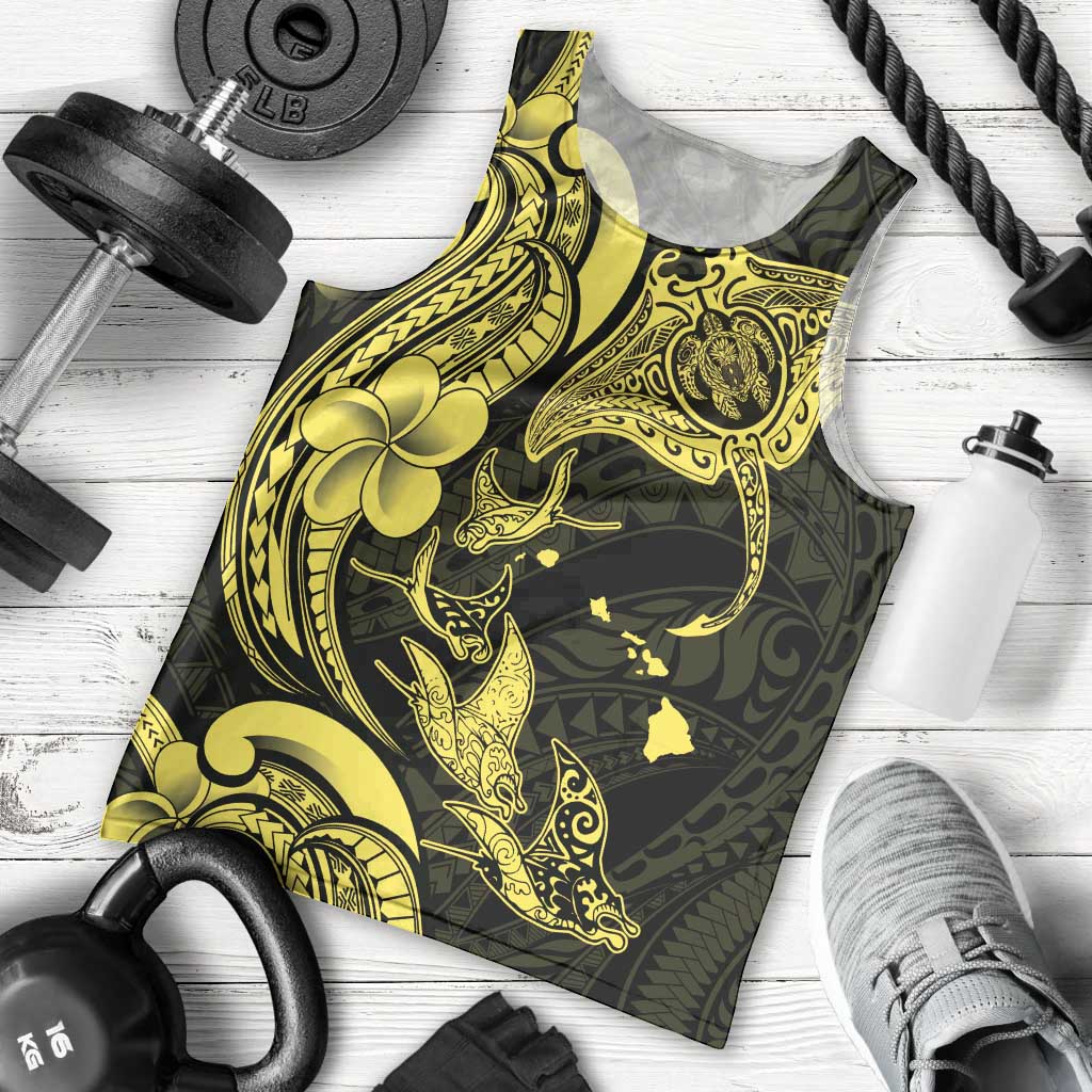 Hawaiian Manta Rays Men Tank Top Tribal Hibiscus Polynesian Tattoos Yellow Color - Polynesian Pride