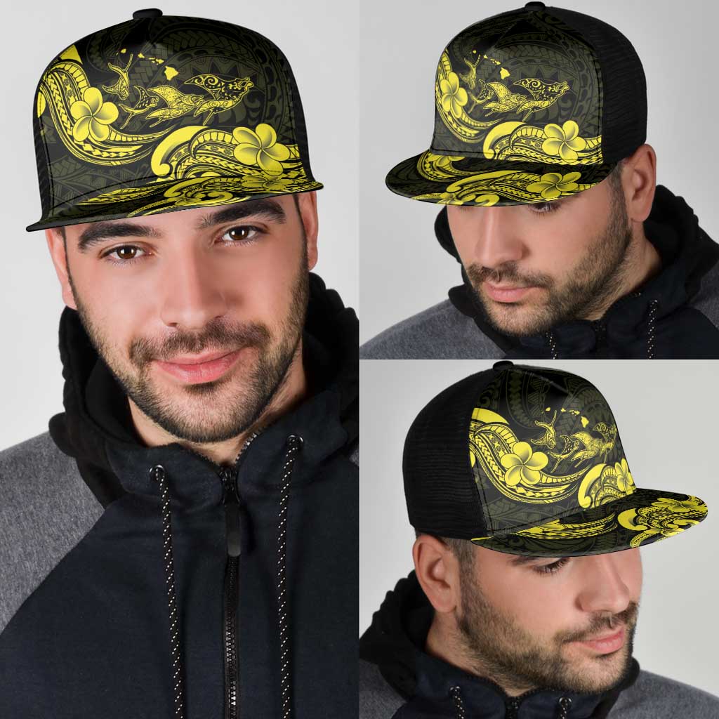 Hawaiian Manta Rays Mesh Trucker Cap Tribal Hibiscus Polynesian Tattoos Yellow Color - Polynesian Pride