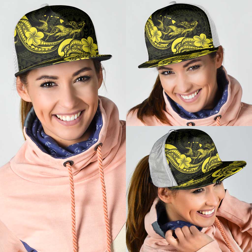 Hawaiian Manta Rays Mesh Trucker Cap Tribal Hibiscus Polynesian Tattoos Yellow Color - Polynesian Pride