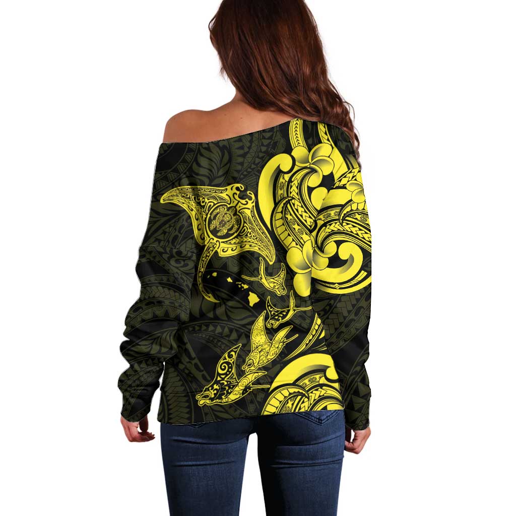 Hawaiian Manta Rays Off Shoulder Sweater Tribal Hibiscus Polynesian Tattoos Yellow Color - Polynesian Pride