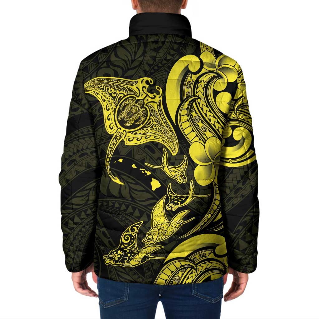 Hawaiian Manta Rays Padded Jacket Tribal Hibiscus Polynesian Tattoos Yellow Color - Polynesian Pride