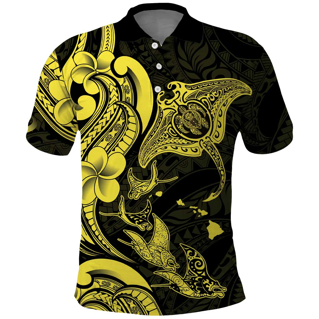 Hawaiian Manta Rays Polo Shirt Tribal Hibiscus Polynesian Tattoos Yellow Color - Polynesian Pride