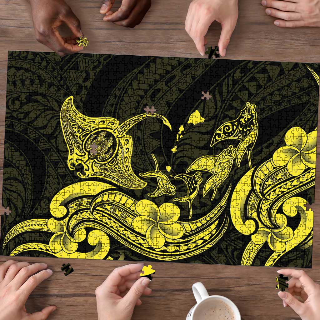 Hawaiian Manta Rays Puzzle Tribal Hibiscus Polynesian Tattoos Yellow Color - Polynesian Pride