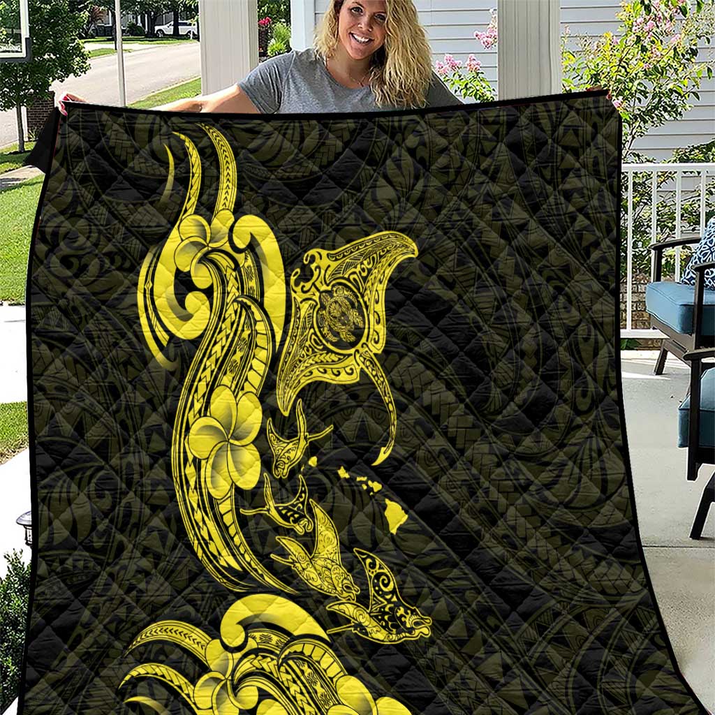 Hawaiian Manta Rays Quilt Tribal Hibiscus Polynesian Tattoos Yellow Color - Polynesian Pride