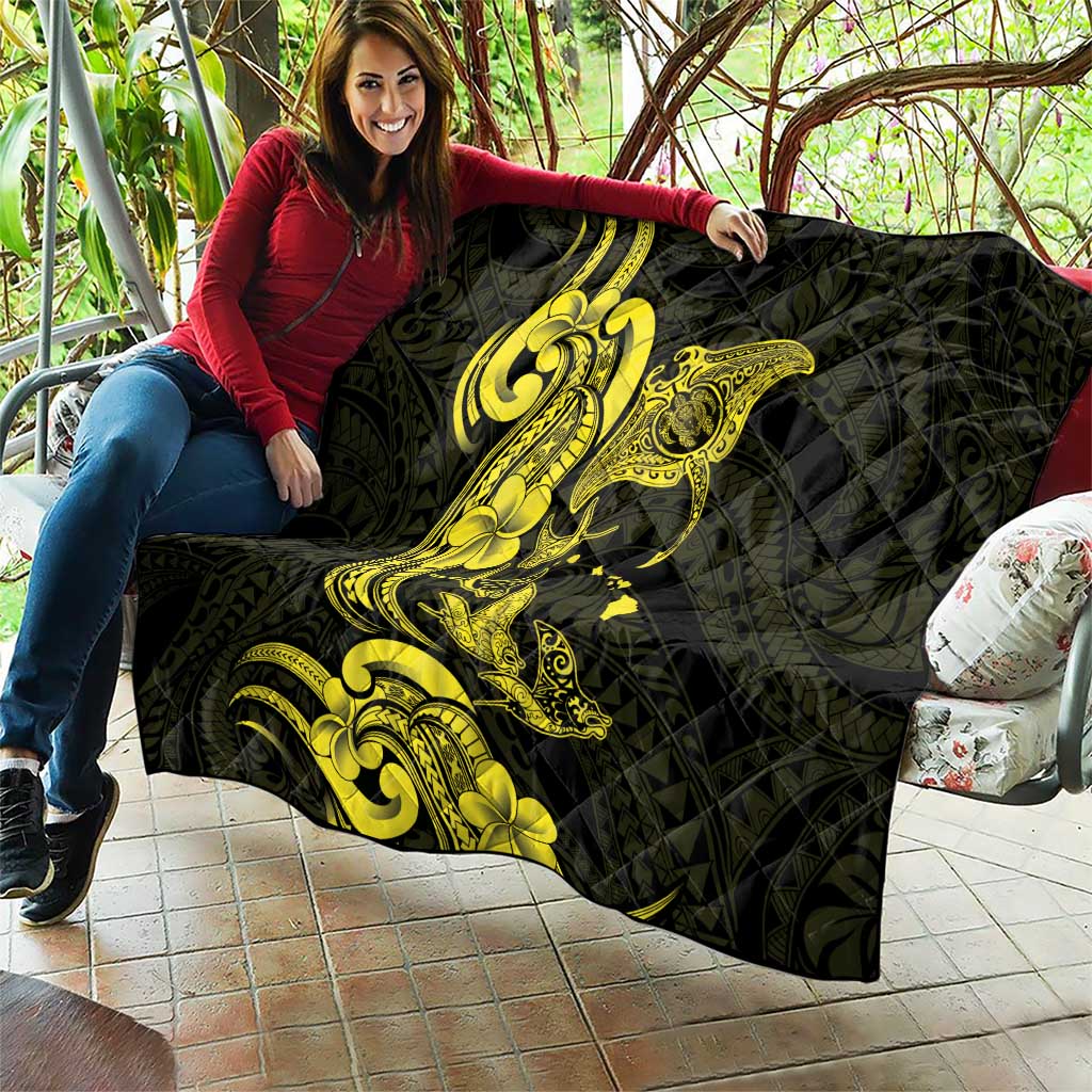 Hawaiian Manta Rays Quilt Tribal Hibiscus Polynesian Tattoos Yellow Color - Polynesian Pride
