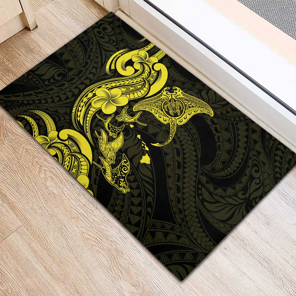 Hawaiian Manta Rays Rubber Doormat Tribal Hibiscus Polynesian Tattoos Yellow Color - Polynesian Pride