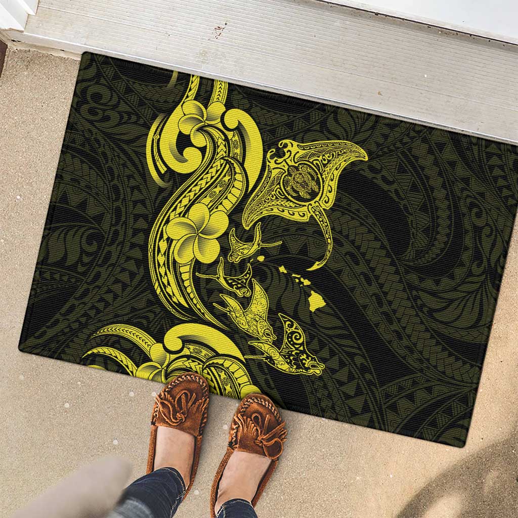 Hawaiian Manta Rays Rubber Doormat Tribal Hibiscus Polynesian Tattoos Yellow Color - Polynesian Pride