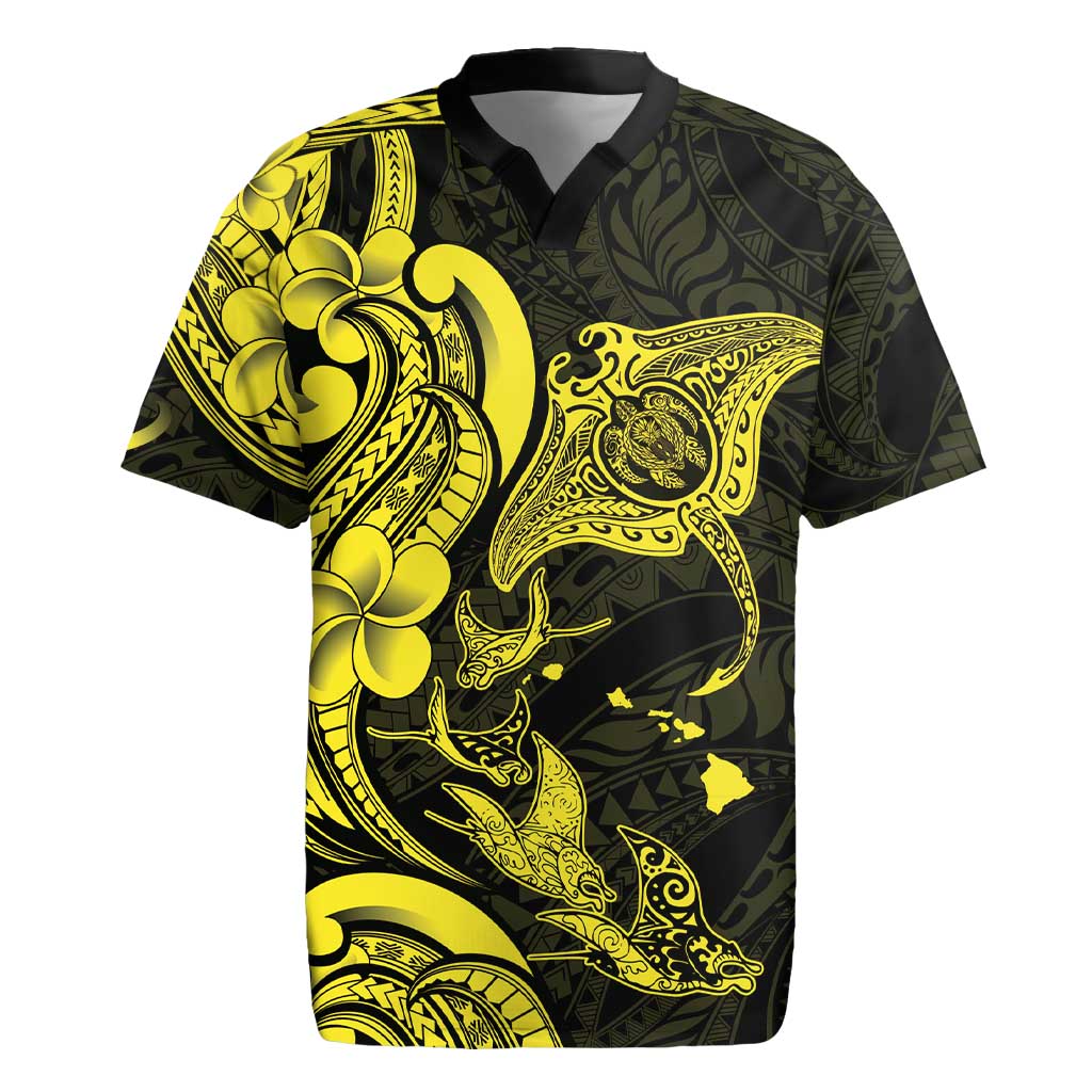 Hawaiian Manta Rays Rugby Jersey Tribal Hibiscus Polynesian Tattoos Yellow Color - Polynesian Pride