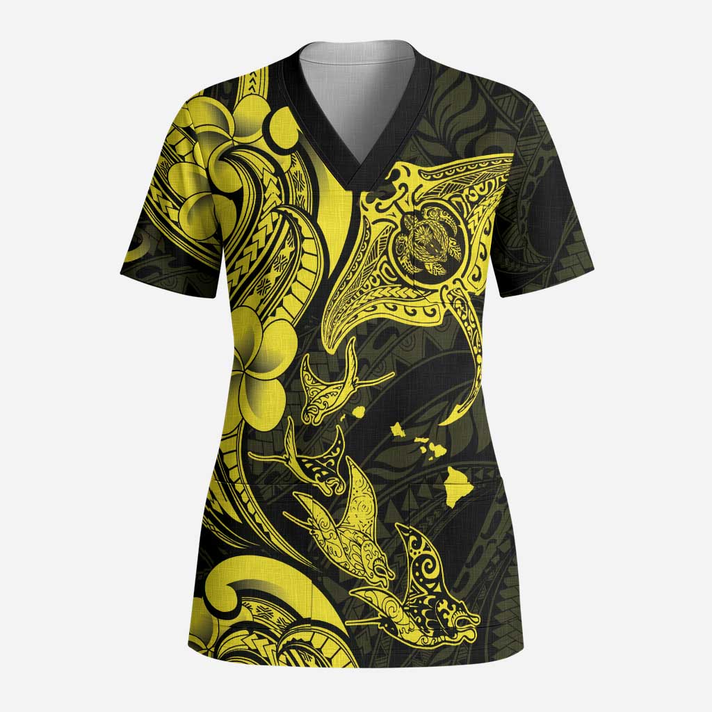 Hawaiian Manta Rays Scrub Top Tribal Hibiscus Polynesian Tattoos Yellow Color - Polynesian Pride