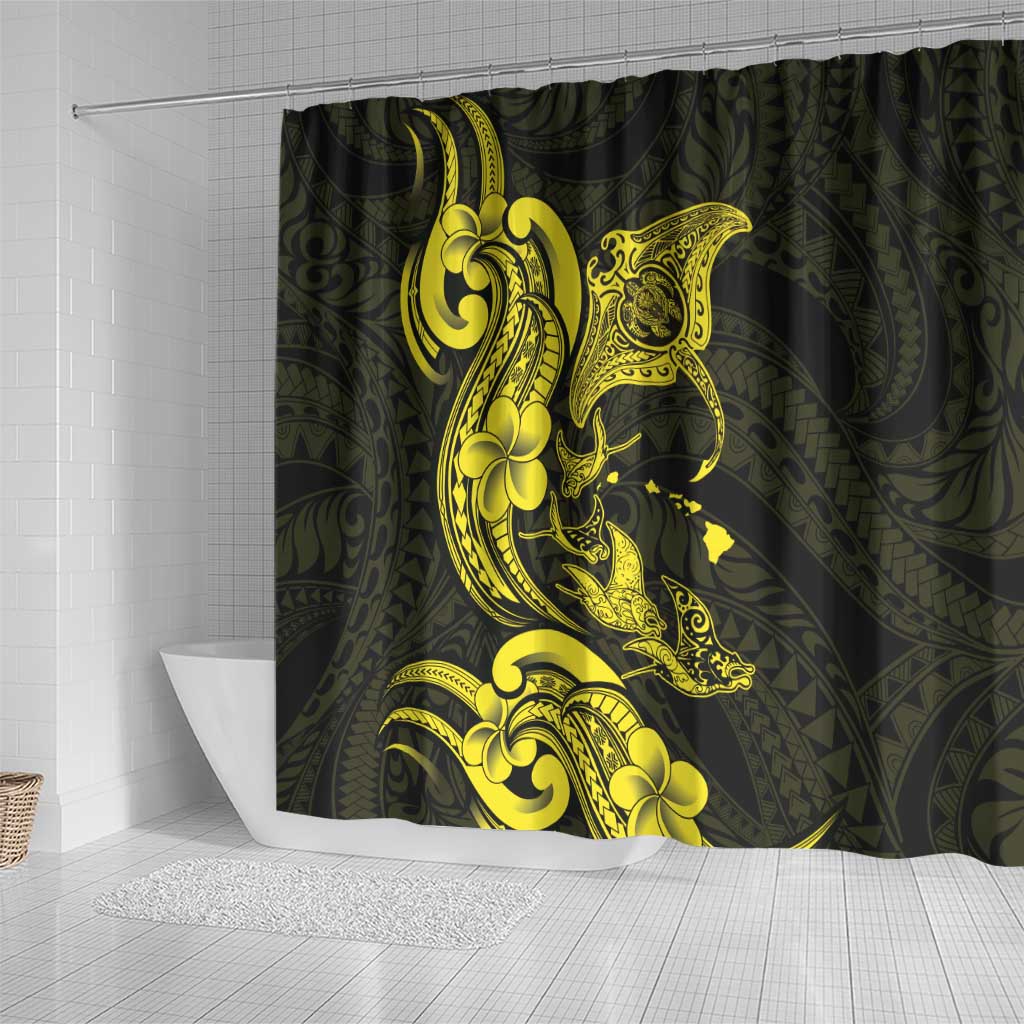 Hawaiian Manta Rays Shower Curtain Tribal Hibiscus Polynesian Tattoos Yellow Color - Polynesian Pride