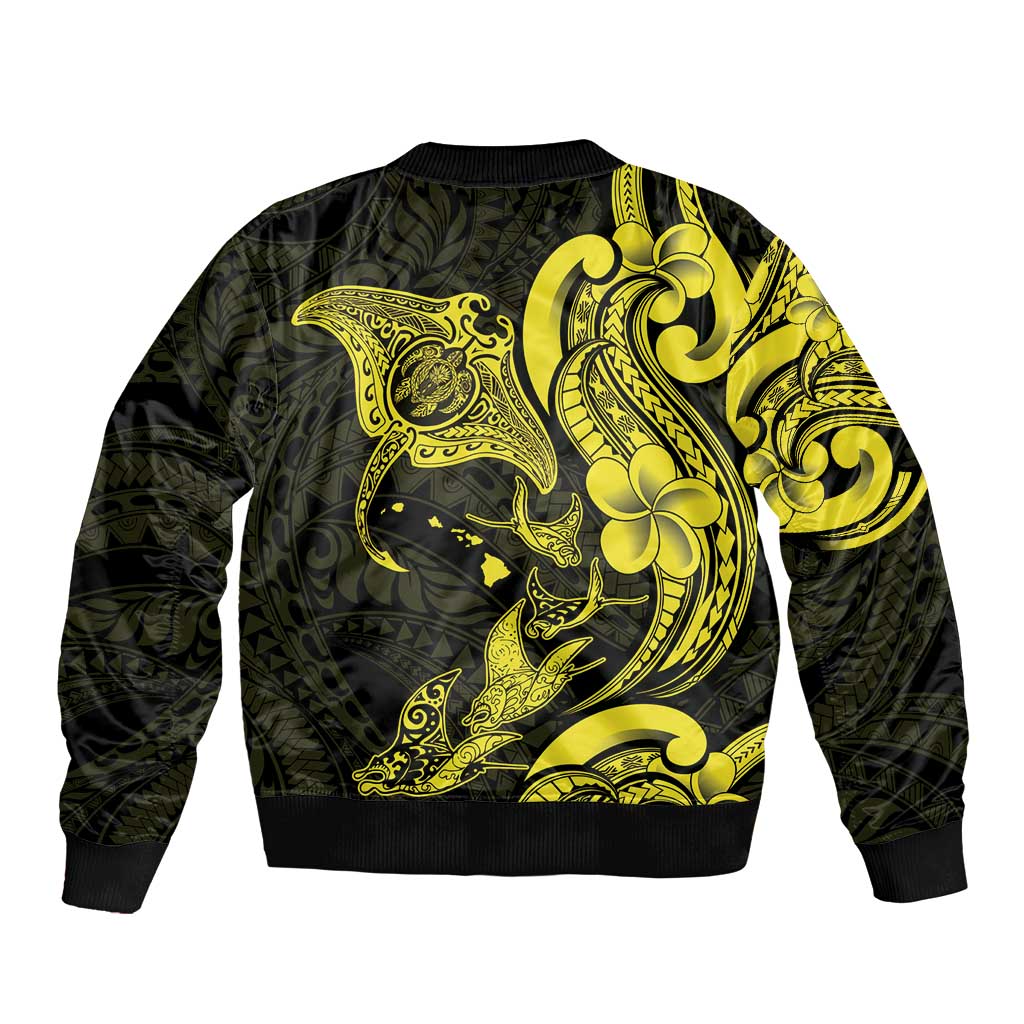Hawaiian Manta Rays Sleeve Zip Bomber Jacket Tribal Hibiscus Polynesian Tattoos Yellow Color - Polynesian Pride