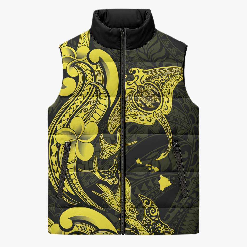 Hawaiian Manta Rays Sleeveless Puffer Jacket Tribal Hibiscus Polynesian Tattoos Yellow Color - Polynesian Pride