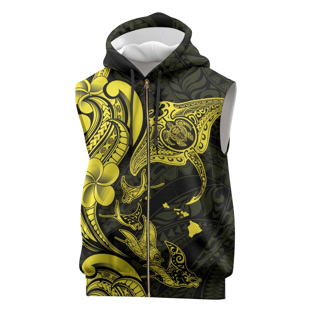 Hawaiian Manta Rays Sleeveless Zip Hoodie Tribal Hibiscus Polynesian Tattoos Yellow Color - Polynesian Pride