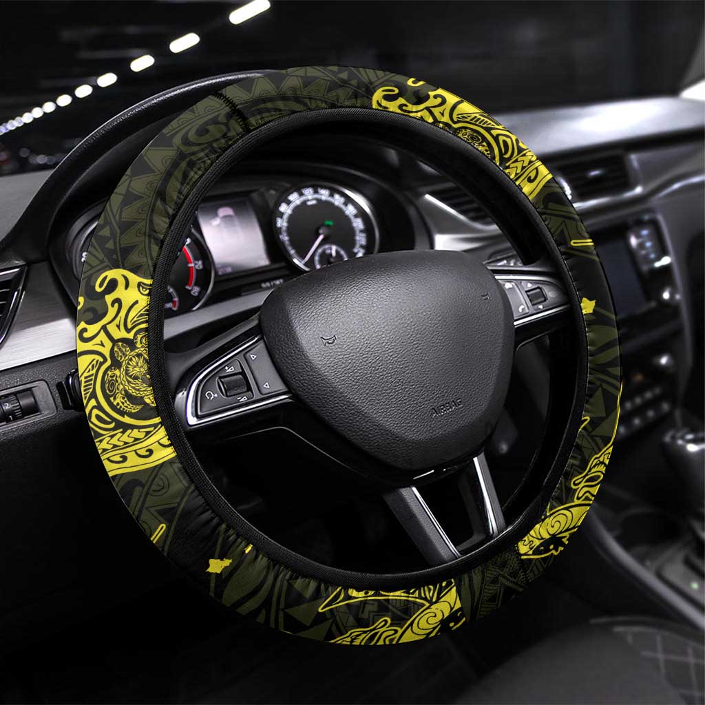 Hawaiian Manta Rays Steering Wheel Cover Tribal Hibiscus Polynesian Tattoos Yellow Color - Polynesian Pride