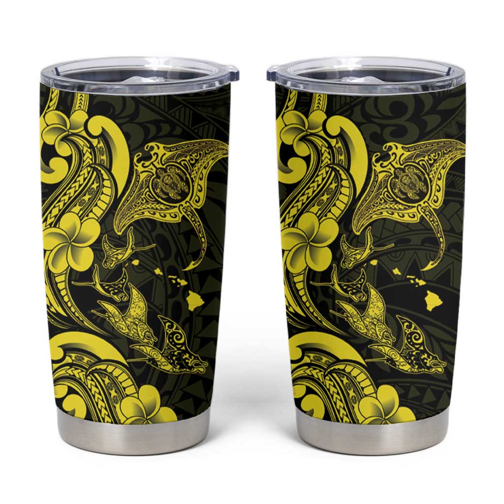 Hawaiian Manta Rays Tumbler Cup Tribal Hibiscus Polynesian Tattoos Yellow Color - Polynesian Pride