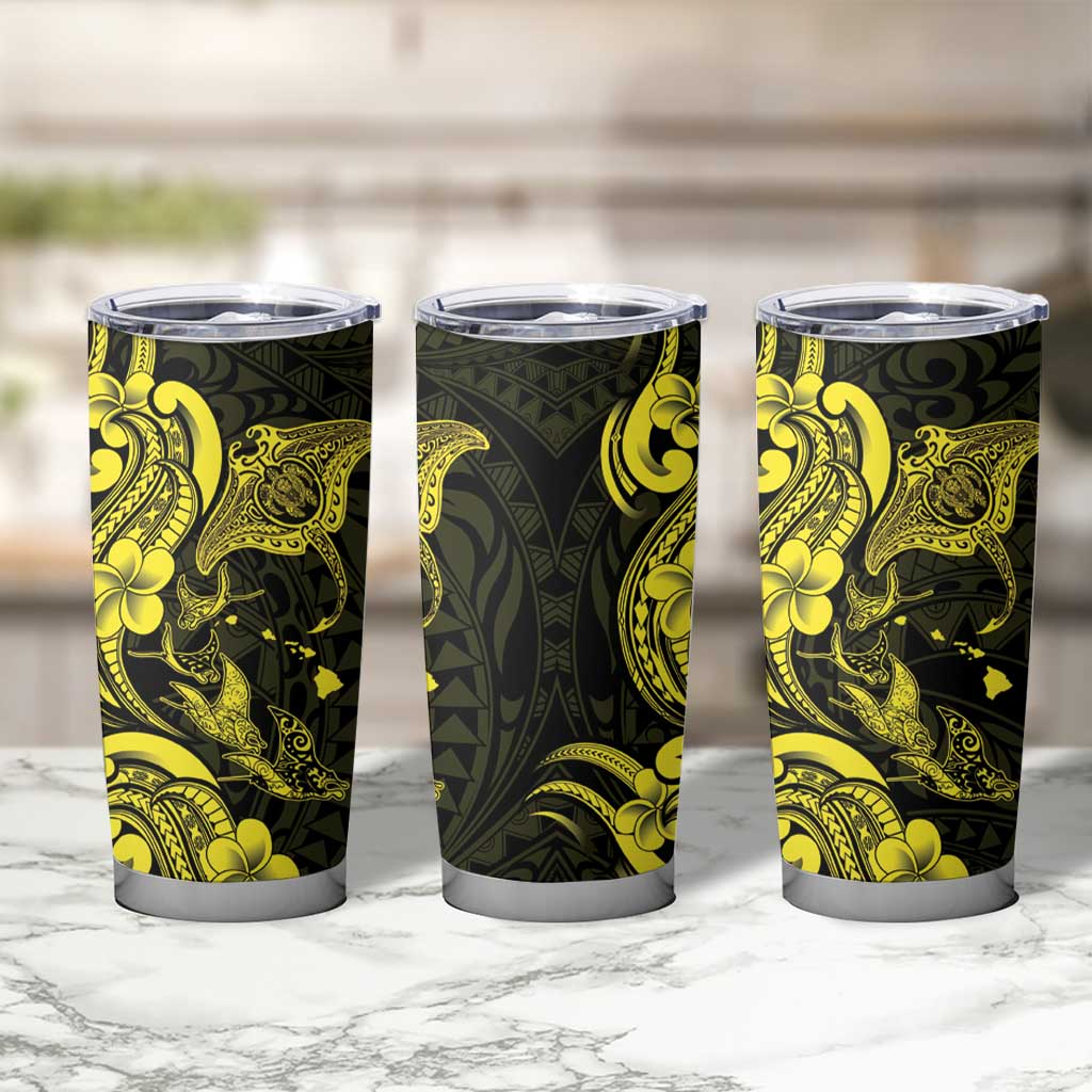 Hawaiian Manta Rays Tumbler Cup Tribal Hibiscus Polynesian Tattoos Yellow Color - Polynesian Pride