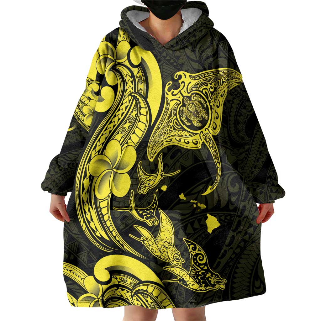Hawaiian Manta Rays Wearable Blanket Hoodie Tribal Hibiscus Polynesian Tattoos Yellow Color - Polynesian Pride
