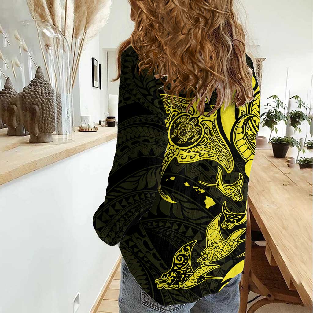 Hawaiian Manta Rays Women Casual Shirt Tribal Hibiscus Polynesian Tattoos Yellow Color - Polynesian Pride