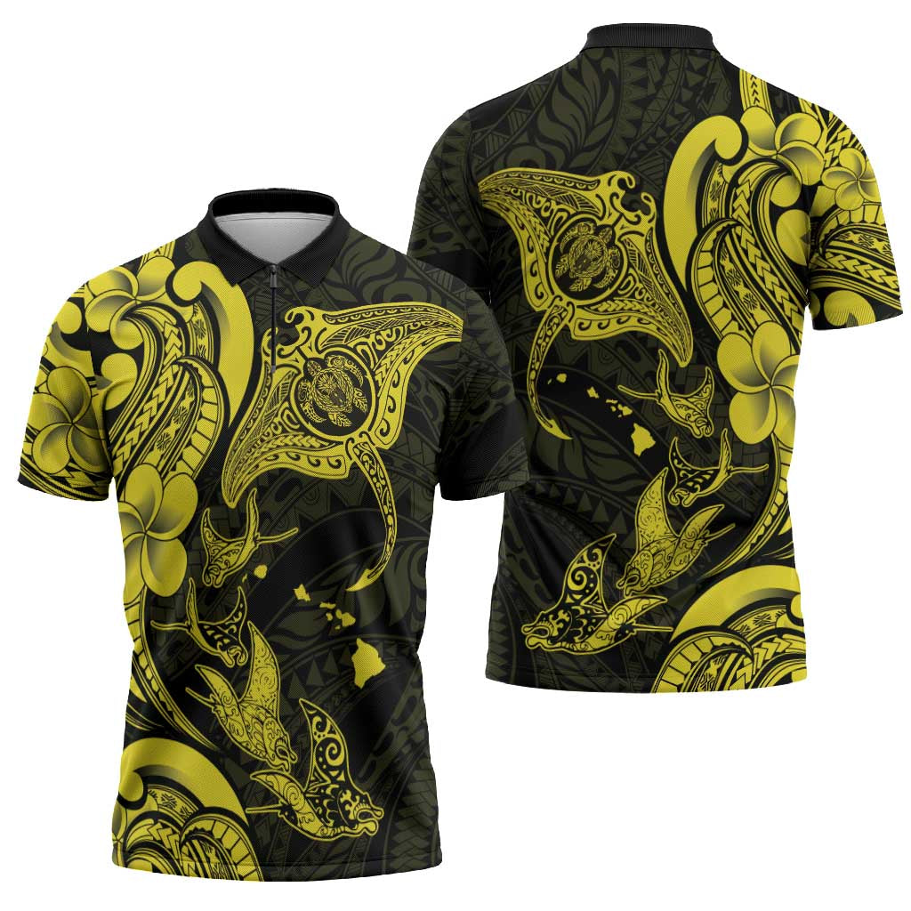Hawaiian Manta Rays Zipper Polo Shirt Tribal Hibiscus Polynesian Tattoos Yellow Color - Polynesian Pride