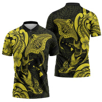 Hawaiian Manta Rays Zipper Polo Shirt Tribal Hibiscus Polynesian Tattoos Yellow Color - Polynesian Pride