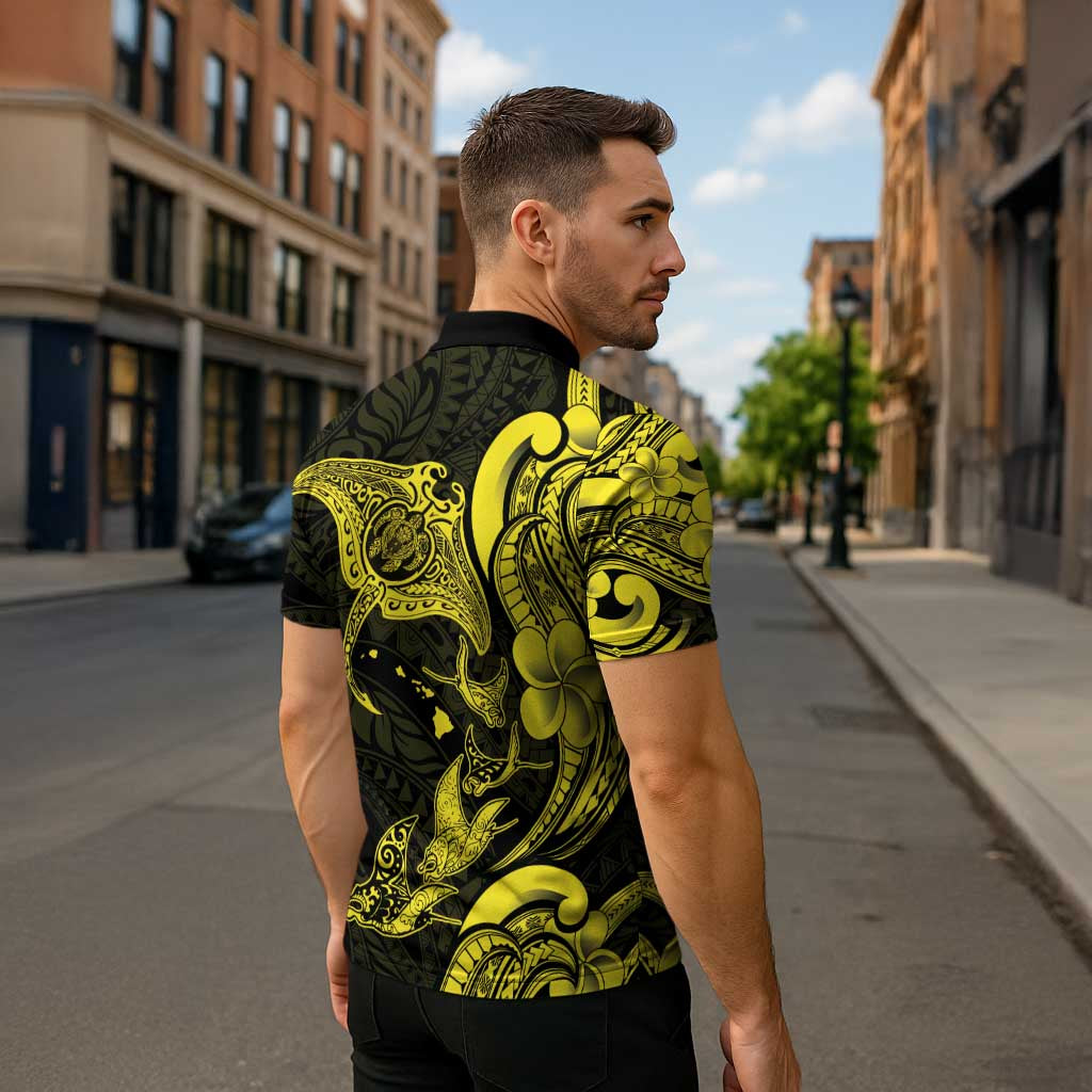Hawaiian Manta Rays Zipper Polo Shirt Tribal Hibiscus Polynesian Tattoos Yellow Color - Polynesian Pride