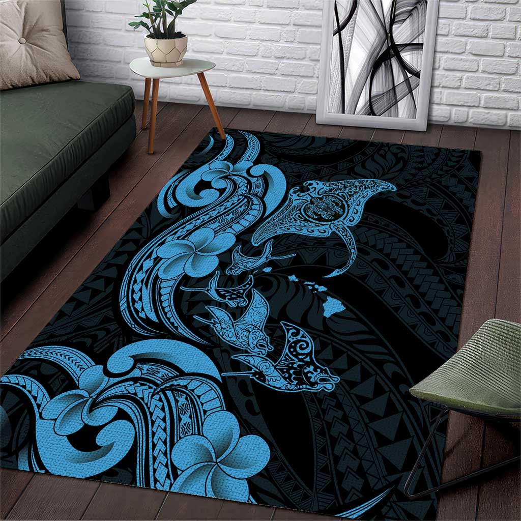 Hawaiian Manta Rays Area Rug Tribal Hibiscus Polynesian Tattoos Blue Color - Polynesian Pride