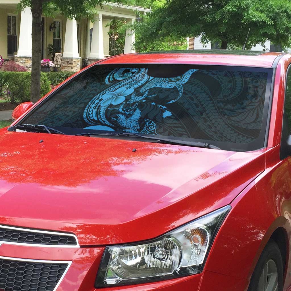 Hawaiian Manta Rays Auto Sun Shade Tribal Hibiscus Polynesian Tattoos Blue Color - Polynesian Pride