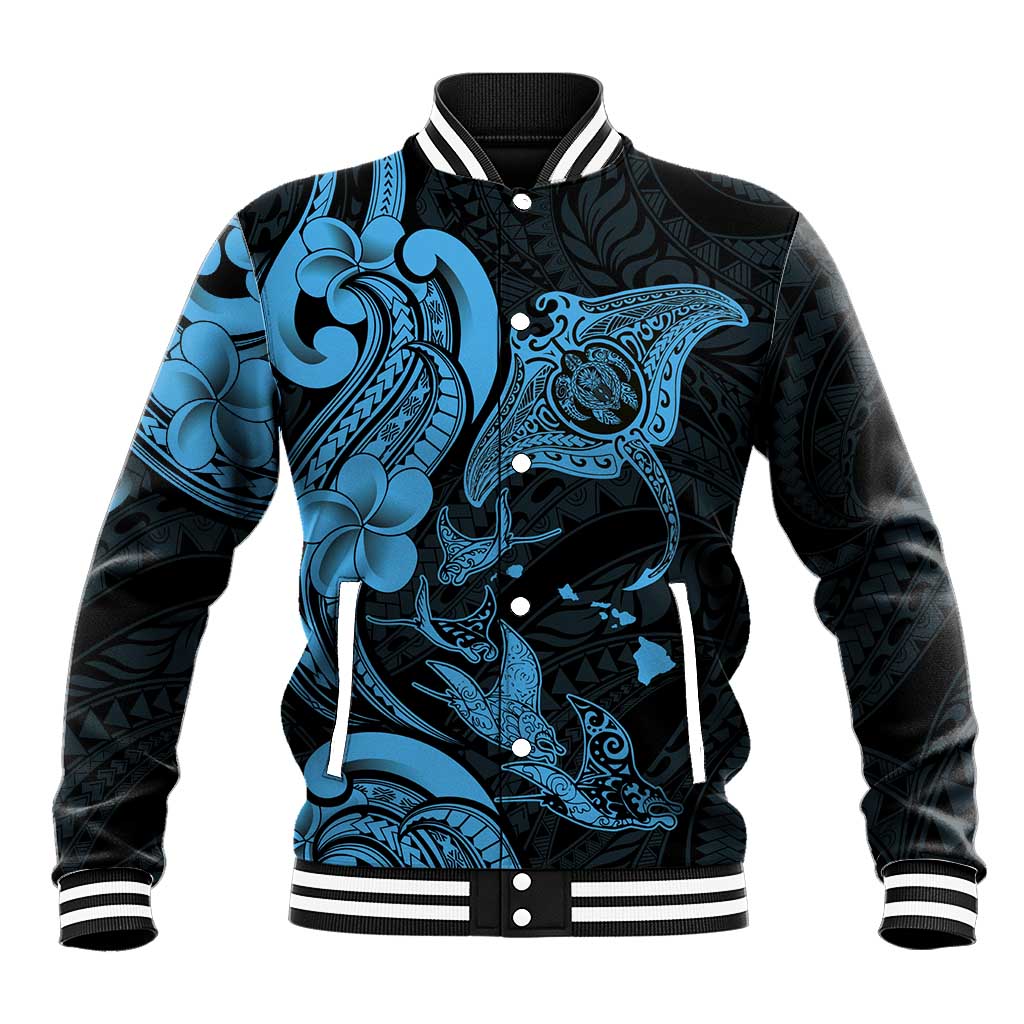Hawaiian Manta Rays Baseball Jacket Tribal Hibiscus Polynesian Tattoos Blue Color - Polynesian Pride