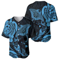 Hawaiian Manta Rays Baseball Jersey Tribal Hibiscus Polynesian Tattoos Blue Color - Polynesian Pride