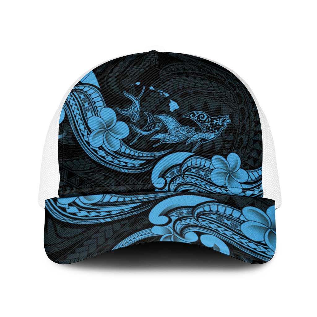 Hawaiian Manta Rays Baseball Net Cap Tribal Hibiscus Polynesian Tattoos Blue Color - Polynesian Pride
