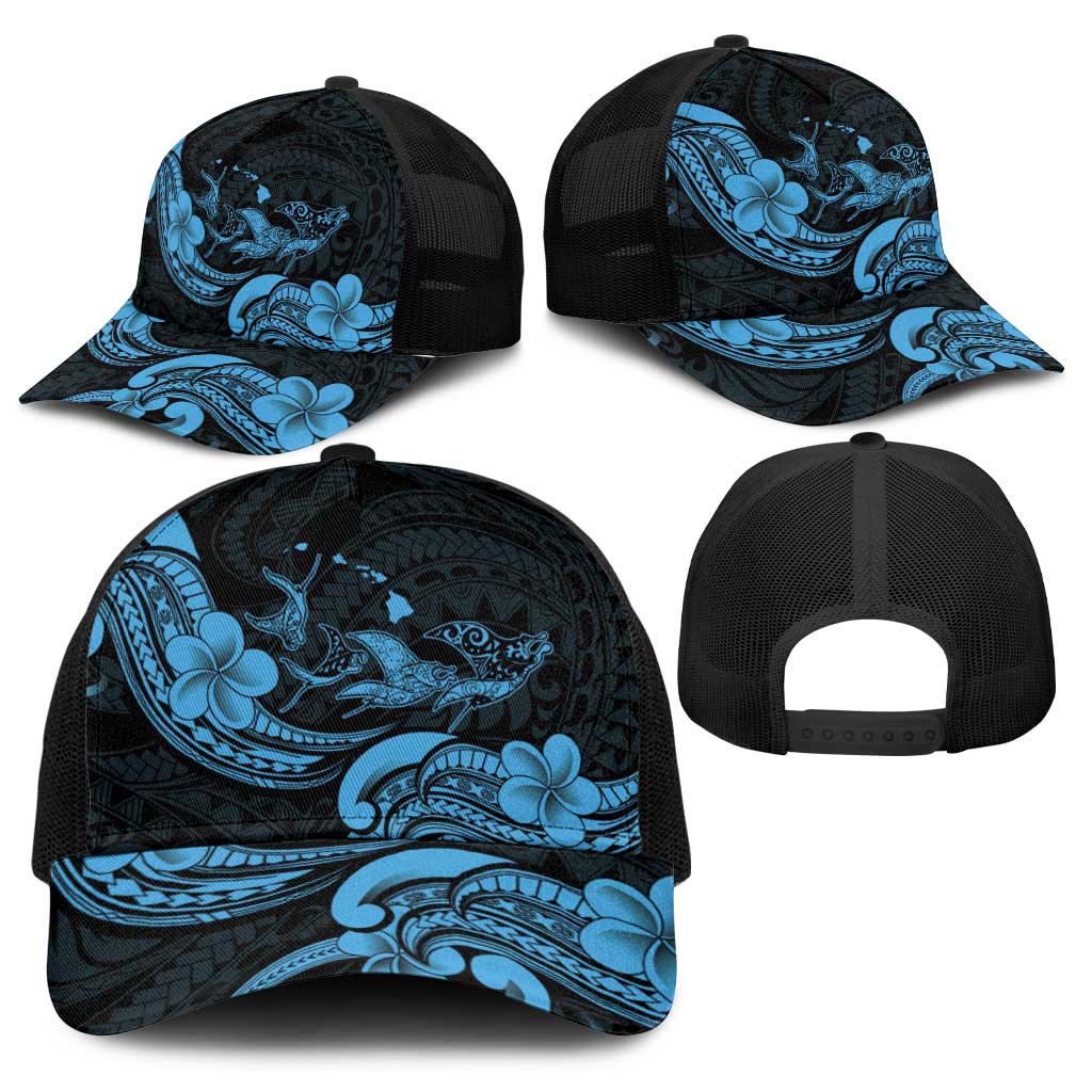 Hawaiian Manta Rays Baseball Net Cap Tribal Hibiscus Polynesian Tattoos Blue Color - Polynesian Pride