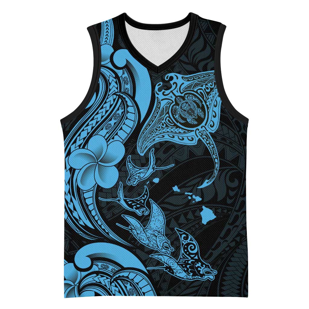 Hawaiian Manta Rays Basketball Jersey Tribal Hibiscus Polynesian Tattoos Blue Color - Polynesian Pride