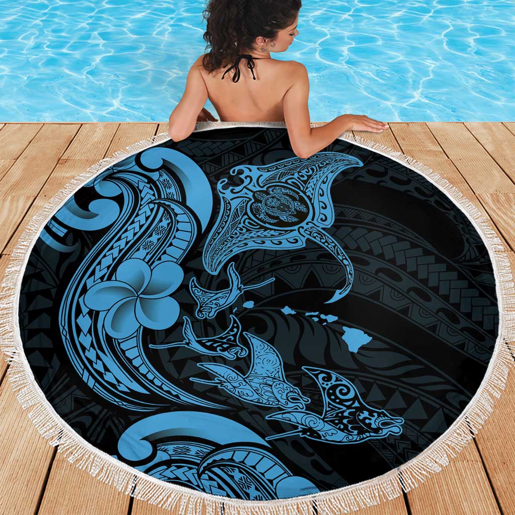 Hawaiian Manta Rays Beach Blanket Tribal Hibiscus Polynesian Tattoos Blue Color - Polynesian Pride